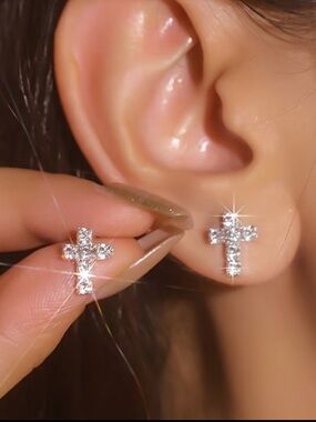 Cross CZ Stud Earrings - White